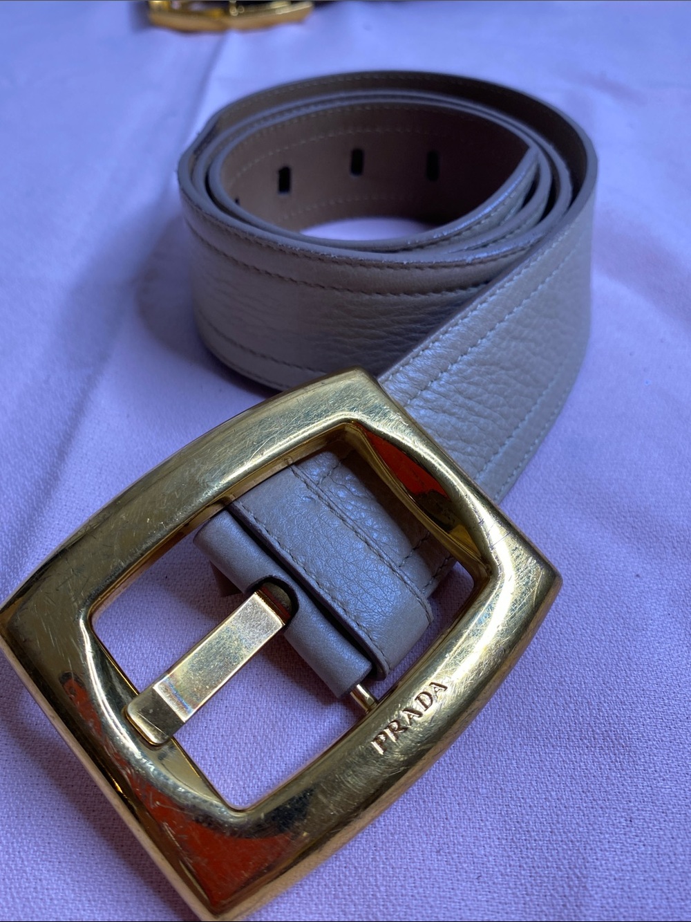 Prada Size 34" tan Leather Belt gold tone hardware FLAW